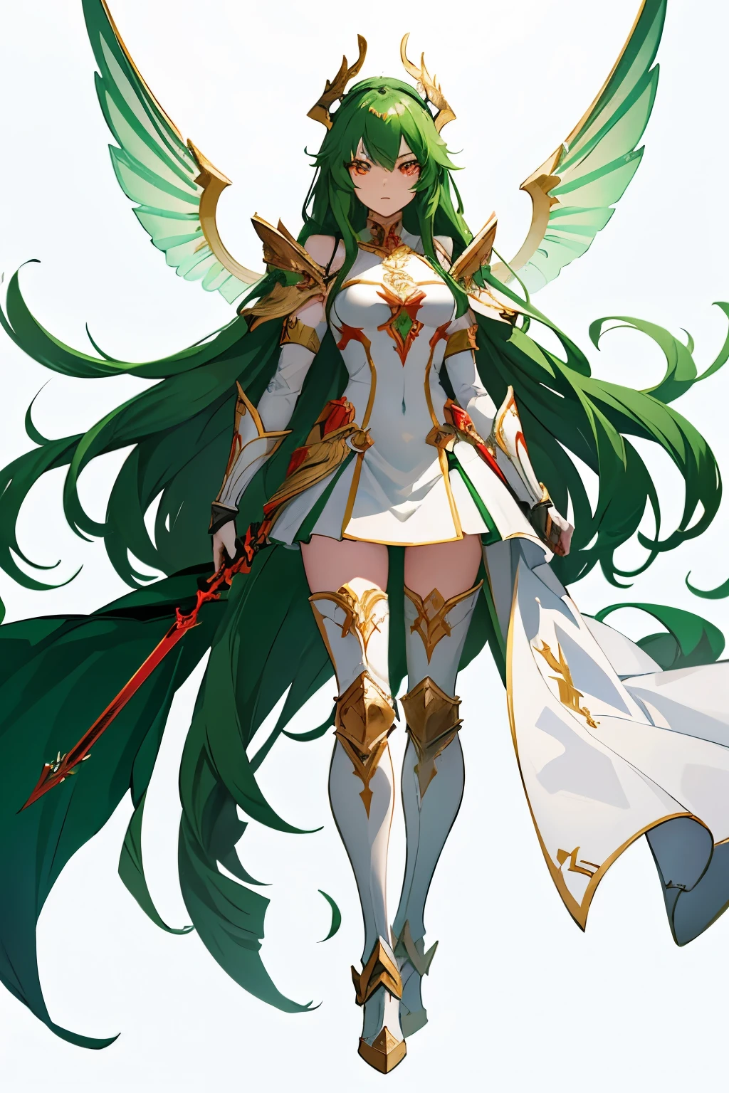 anime game style, no glowing eyes, full body of a woman, long green hair, red eyes, two small wings adorning the head, white full armor, heavy armor covering the entire body cataphract style, red cape, fearlessness, holding a spear Bright, natural lipstick legendary character, no wings on the back.