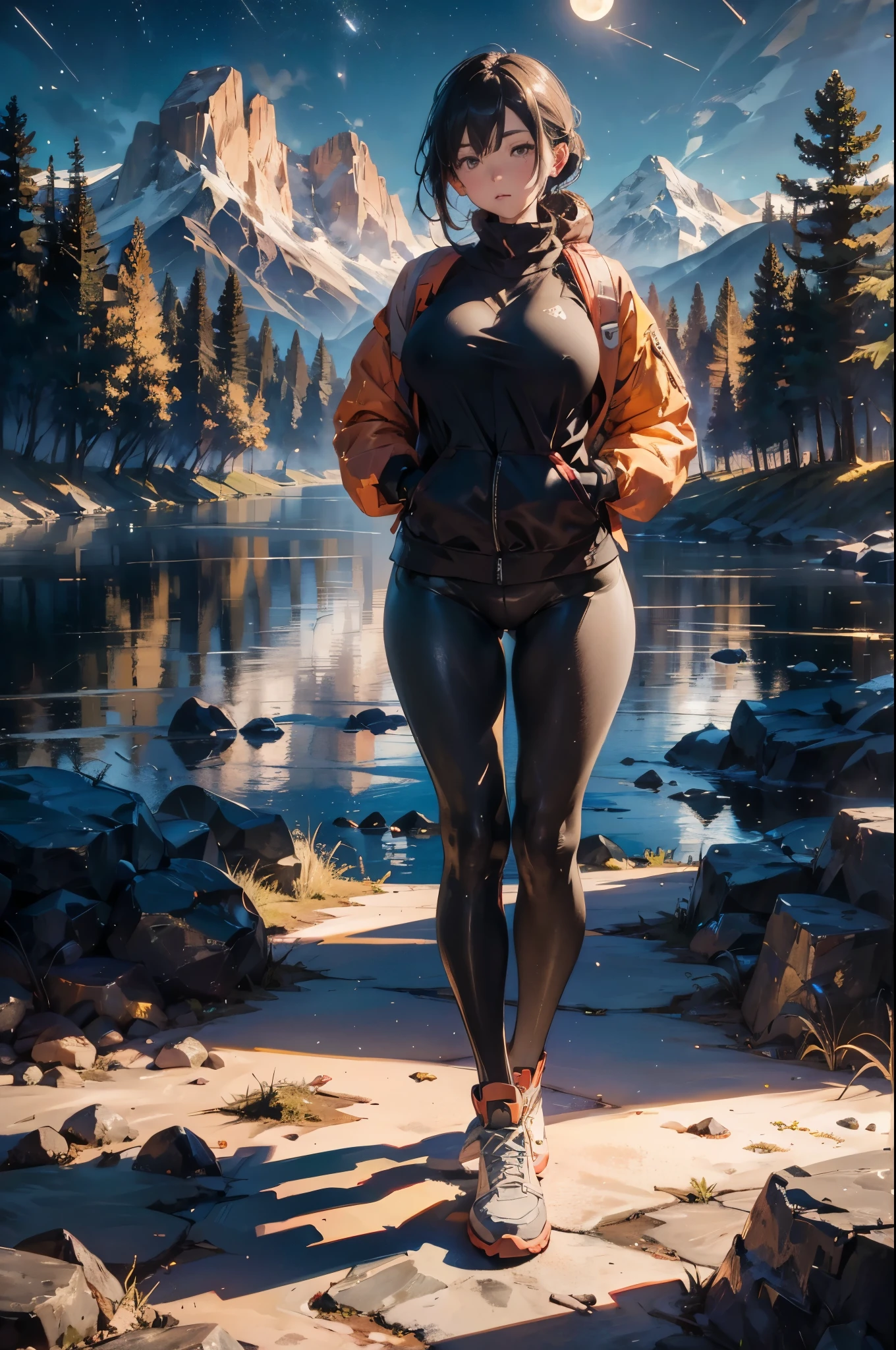 1 female((full-body shot, hapiness的)), masterpiece, best quality, Extremely detailed, Solitary, outdoor, (night), Mountains, nature, (Star, moon) hapiness, hapiness的, Backpack, sleeping bag, camping stove, Water bottle, Big Ass, Wide hips, Skinny black yoga pants, Mountain shoes, Gloves, Large Breasts, Through the sweater you can see the huge, have, flashlight, forest, rock, river, wood, smokes, shadow, Compared, Clear skies, Analog style (Look at the audience:1.2) (Texture) (Film Grain:1.3), (Warm colors, Warm colors)