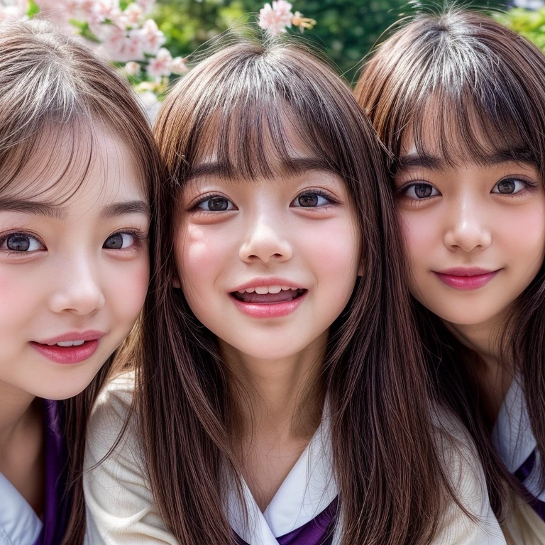 Best_Quality, (masterpiece:1.2) of Hi-Res photo, (realistic and photorealistic with touch of rawness:1.37), (Panoramic) (group photo:1.6), (((SchoolGirls))) (Surrounding the camera), (Filled with many Faces), (NOGIZAKA face variations:1.4), { (Looking down at the camera) | (Kissing face to face) }, (((close:1.4, Face closeup from below:1.4))), (((Sky background) with CherryBlossoms)) . BREAK Extremely Detailed KAWAII face variations, captivating gaze, elaborate detailed Eyes with (sparkling highlights:1.2), long eyelashes、Glossy RED Lips with beautiful details, Coquettish tongue, Rosy cheeks, Glistening ivory skin . { (Dynamic joyful expressions) | (:D) }, Childish .