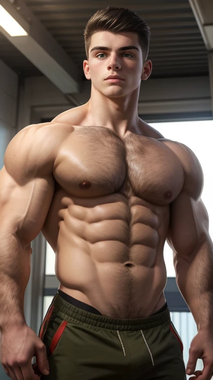 Young white man, , black hair, military haircut, fixed green eyes, sharp features, no facial or bor, height 1.93, weight 100 kg, muscular aesthetic build , broad shoulders, wide back,V-shaped body, perfil entire view,