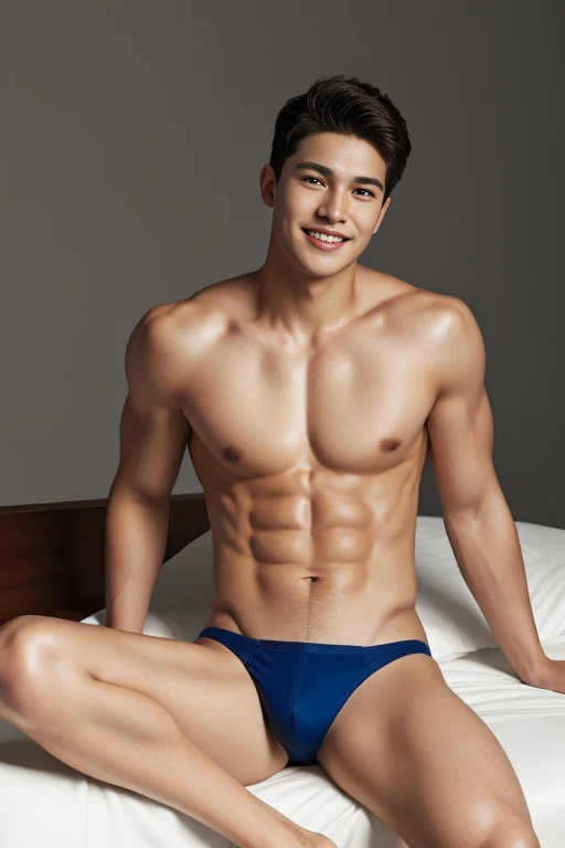 (ung man), age 18, Opposite 3, (Masterpiece, Excellent quality, high resolution, 8ก, complex: 1.2), (detailed face: 1.2), (sexy bikini thong), (shirtless), ((topless)), pubes, lifted arms, Very handsome, Wavy abdominal muscles, Abs, Abdominal hair, Beautiful skin, short hair, Sitting, spread legs, bedroom bacground, (Lift your thighs up and spread them apart), Focus Man, ((realistic)), good lighting quality, delicate body, Idol, ((Pale skin)), balanced eyes, brown eyes, smile, white teeth, smooth hair,