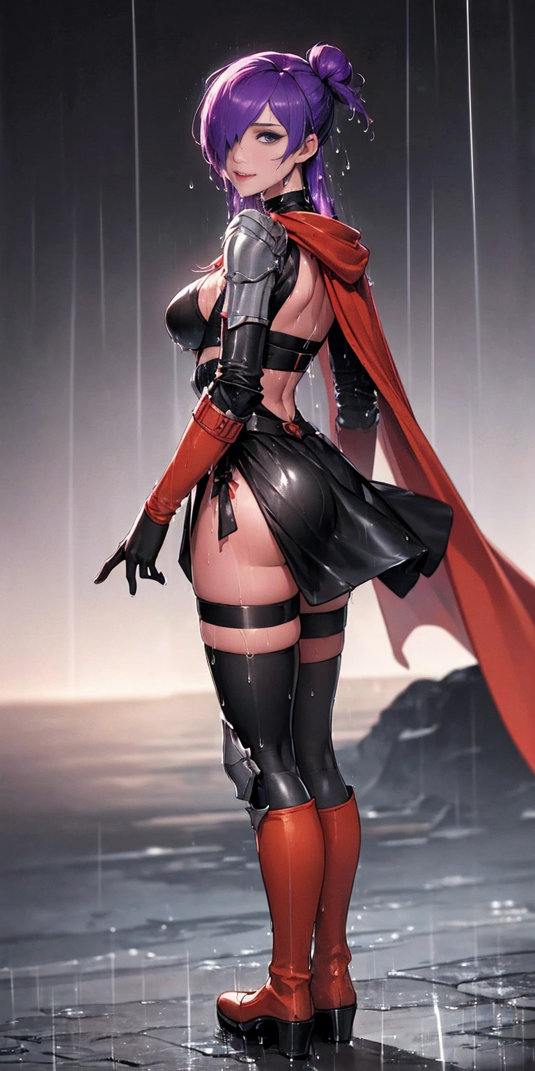 (Best quality, BLACK BACKGROUND, 4k, Masterpiece:1.3) (1soloMILF Shez hair over one eye) choker, armor, cape, black dress, single glove, thigh highs, armored legwear, orange boots, from side, standing, whole body, looking at viewer, smile, closed mouth, ebony skin, beautiful woman, hyper realistic ((turned back)) (drooping breasts, attractive body :1.2) (wet rainy, wet by rain, wet body :1.2), ultra-detailed face, detailed lips, detailed eyes, double eyelid