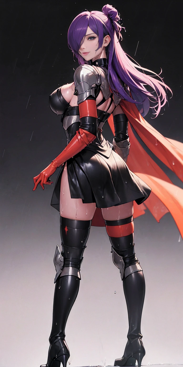 (Best quality, BLACK BACKGROUND, 4k, Masterpiece:1.3) (1soloMILF Shez hair over one eye) choker, armor, cape, black dress, single glove, thigh highs, armored legwear, orange boots, from side, standing, whole body, looking at viewer, smile, closed mouth, ebony skin, beautiful woman, hyper realistic ((turned back)) (drooping breasts, attractive body :1.2) (wet rainy, wet by rain, wet body :1.2), ultra-detailed face, detailed lips, detailed eyes, double eyelid