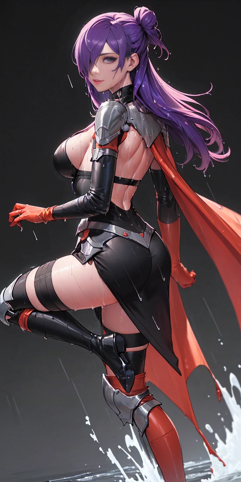 (Best quality, BLACK BACKGROUND, 4k, Masterpiece:1.3) (1soloMILF Shez hair over one eye) choker, armor, cape, black dress, single glove, thigh highs, armored legwear, orange boots, from side, standing, whole body, looking at viewer, smile, closed mouth, ebony skin, beautiful woman, hyper realistic ((turned back)) (drooping breasts, attractive body :1.2) (wet rainy, wet by rain, wet body :1.2), ultra-detailed face, detailed lips, detailed eyes, double eyelid