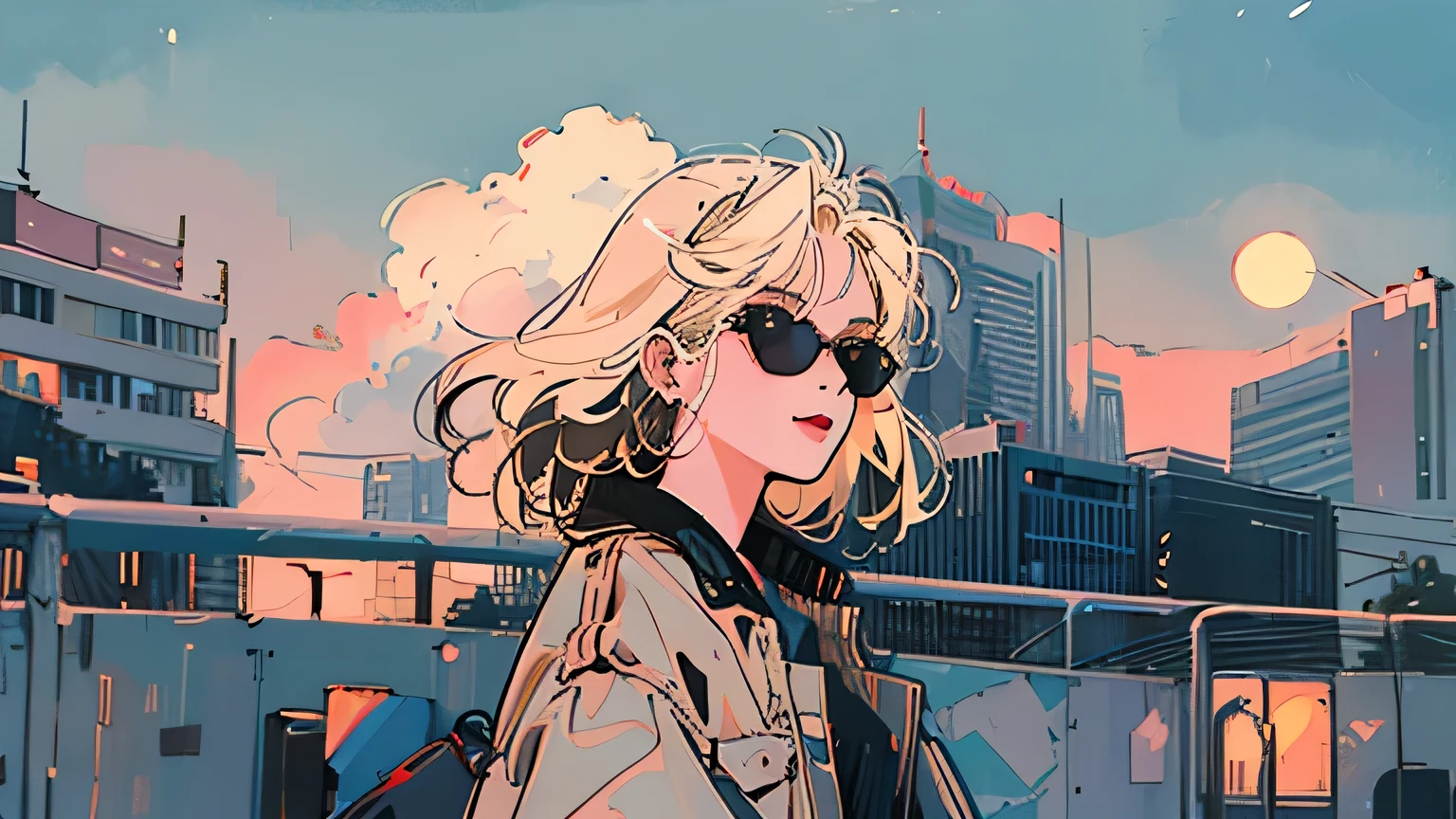 Downtown at night、Beautiful woman with blonde hair、Wearing sunglasses、Admiring the scenery