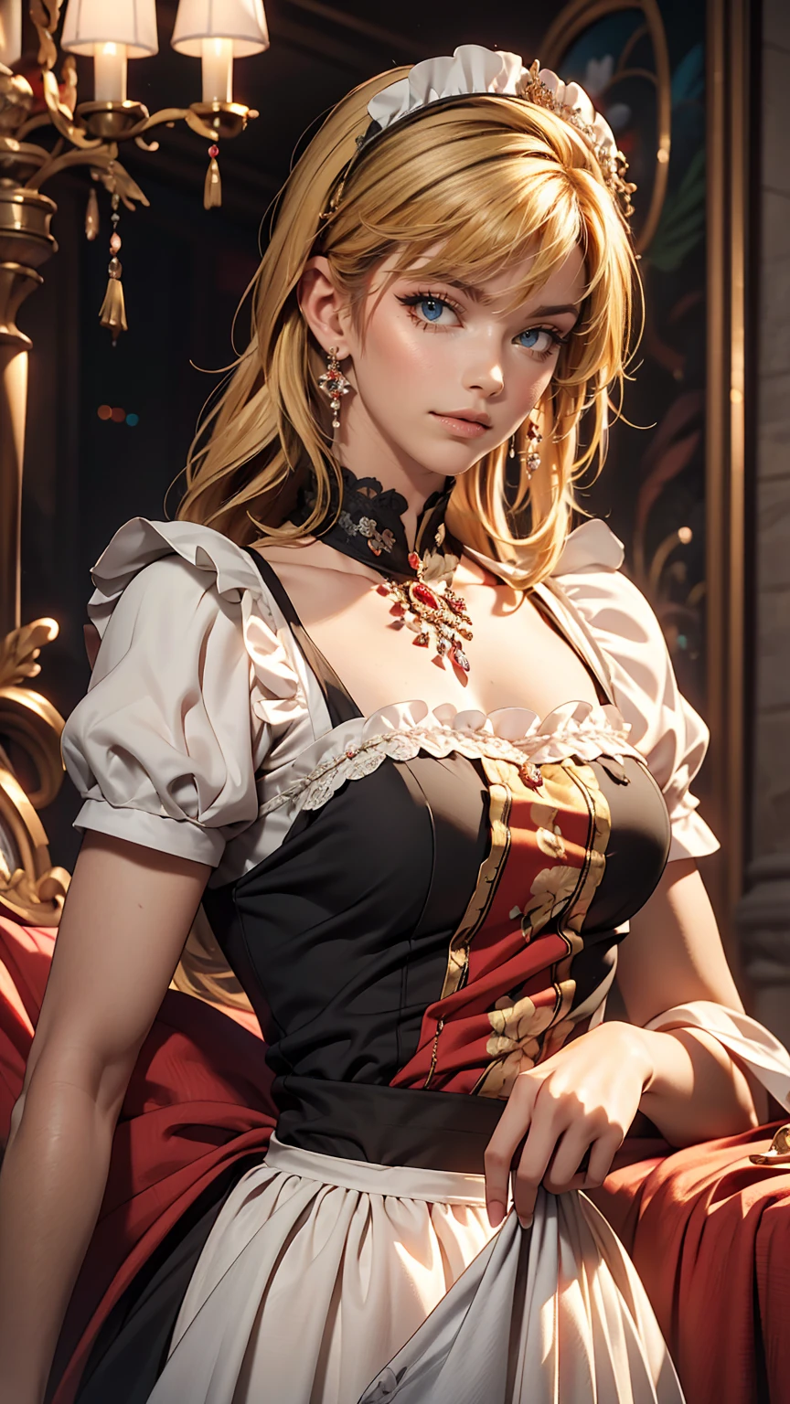 18 year old beautiful girl, Big eyes, Big Breasts, Small and slim, 8k, highest quality, (Highly detailed head: 1.0), (Highly detailed face: 1.0), (Very fine hair: 1.0), Maid clothes, Highly detailed official artwork, Anime Moe Art Style, Beautiful and detailed anime art, smile, Blonde, Sleek Long Hair