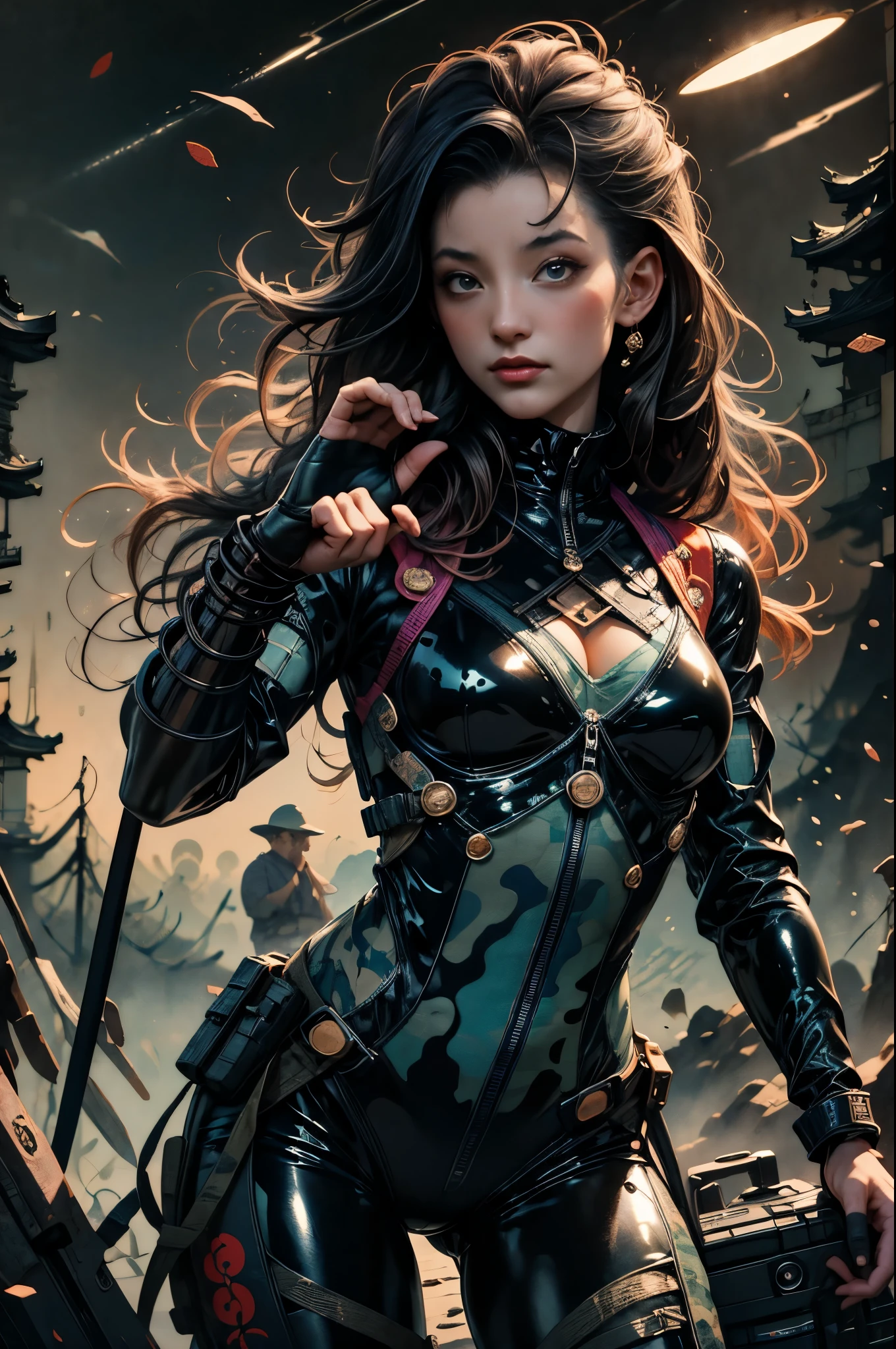 (Ukiyo-e:1.9)、woodblock print、Cute Ukiyo-e、otherscape、(Cowboy Shot:1.4)、A gorgeous female cyborg in heavy armor、Cyberpunk Mercenary、(Camouflage Tactical Latex Bodysuit:1.6)、Tactical Helmet、Military Goggles、High Resolution Assault Rifle、Dark and gloomy lighting、Dystopian sci-fi setting、Structure of the film、Dramatic camera angles、Chiaroscuro lighting、Metallic texture、bioluminescent details、Shiny technical parts、Exquisite mechanical details、Dark color palette、Dramatic Shadows、Dynamic pose、Powerful expression