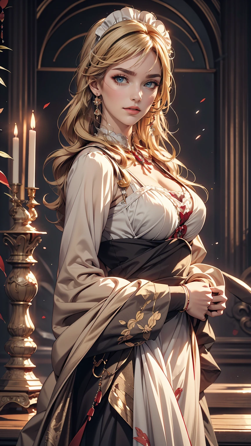 18 year old beautiful girl, Big eyes, Big Breasts, Small and slim, 8k, highest quality, (Highly detailed head: 1.0), (Highly detailed face: 1.0), (Very fine hair: 1.0), Maid clothes, Highly detailed official artwork, Anime Moe Art Style, Beautiful and detailed anime art, smile, Blonde, Sleek Long Hair