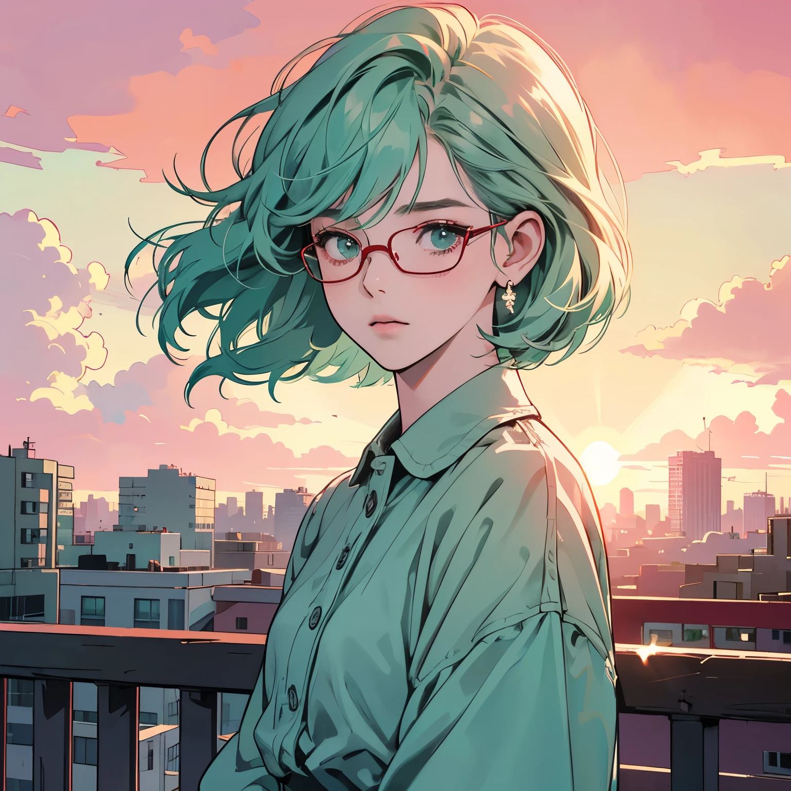 Upper Body、One beautiful woman、4K、shirt、Veranda of the apartment complex、Clouds in the sky、Urban cityscape、Complex background、Detailed Hair、Pale green hair、Faint lighting、The wind is blowing、(red sunset)、(Backlight)、Strong gaze、Wearing glasses、Short hair