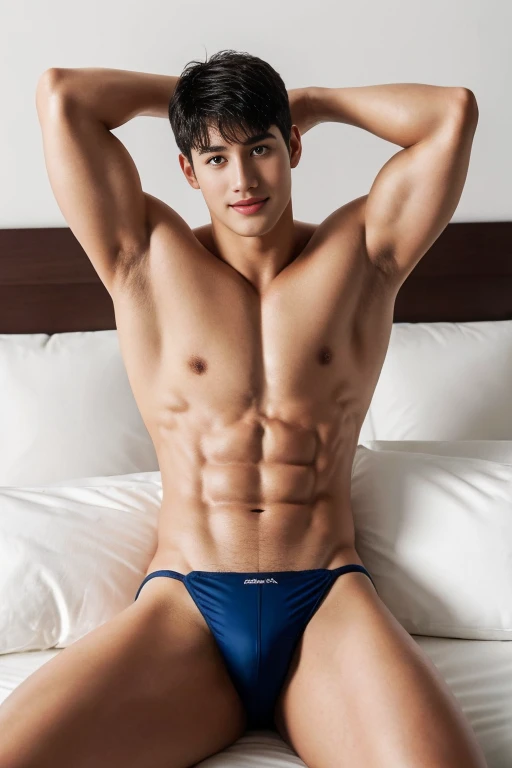 (ung man), age 18, Opposite 3, (Masterpiece, Excellent quality, high resolution, 8ก, complex: 1.2), (detailed face: 1.2), (sexy bikini thong), (shirtless), ((topless)), pubes, lifted arms, Very handsome, Wavy abdominal muscles, Abs, Abdominal hair, Beautiful skin, short hair, lying down, spread legs, bedroom bacground, (Lift your thighs up and spread them apart), Focus Man, ((realistic)), good lighting quality, delicate body, Idol, ((Pale skin)), balanced eyes, brown eyes, smile, white teeth, smooth hair,