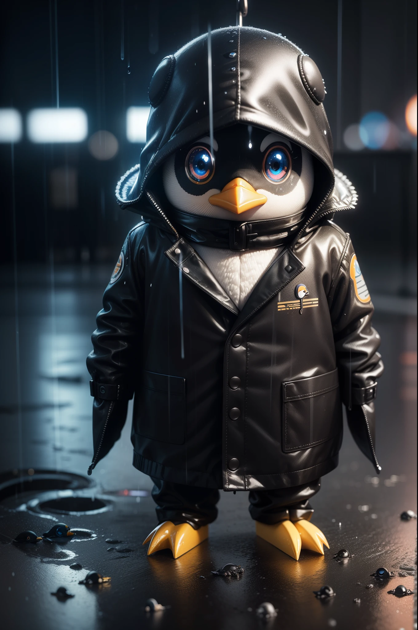 Little penguin stuffed animal 3D, Wet, (cyber punk:1.1), rain, colar de Bitcoin, spectacular realistic, rutkowski, HDR, intricate details, very detailed, cinematic, noctilucent ring, calm colors, Bitcoin