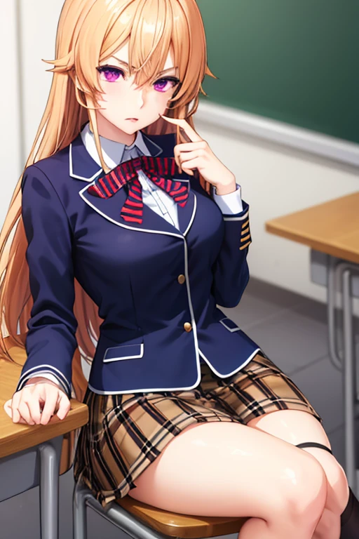 masterpiece, Absurd, highest quality, (Highly detailed eyes and face), Natural skin texture, Detailed skin, Sharp focus, Intricate details, Natural light, Perfect body,(1 Female,Blonde long hair,Purple eyes,Ahoge),(school uniform,Navy Blazer,shirt,Brown Check Skirt,Red bow tie),Seductive posture,sexy,classroom,Sitting in a chair,Crossing your legs,serious