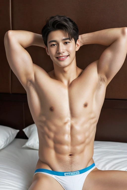 (ung man), age 18, Opposite 3, (Masterpiece, Excellent quality, high resolution, 8ก, complex: 1.2), (detailed face: 1.2), (sexy bikini thong), (shirtless), ((topless)), pubes, lifted arms, Very handsome, Wavy abdominal muscles, Abs, Abdominal hair, Beautiful skin, short hair, lying down, spread legs, bedroom bacground, (Lift your thighs up and spread them apart), Focus Man, ((realistic)), good lighting quality, delicate body, Idol, ((Pale skin)), balanced eyes, brown eyes, smile, white teeth, smooth hair,