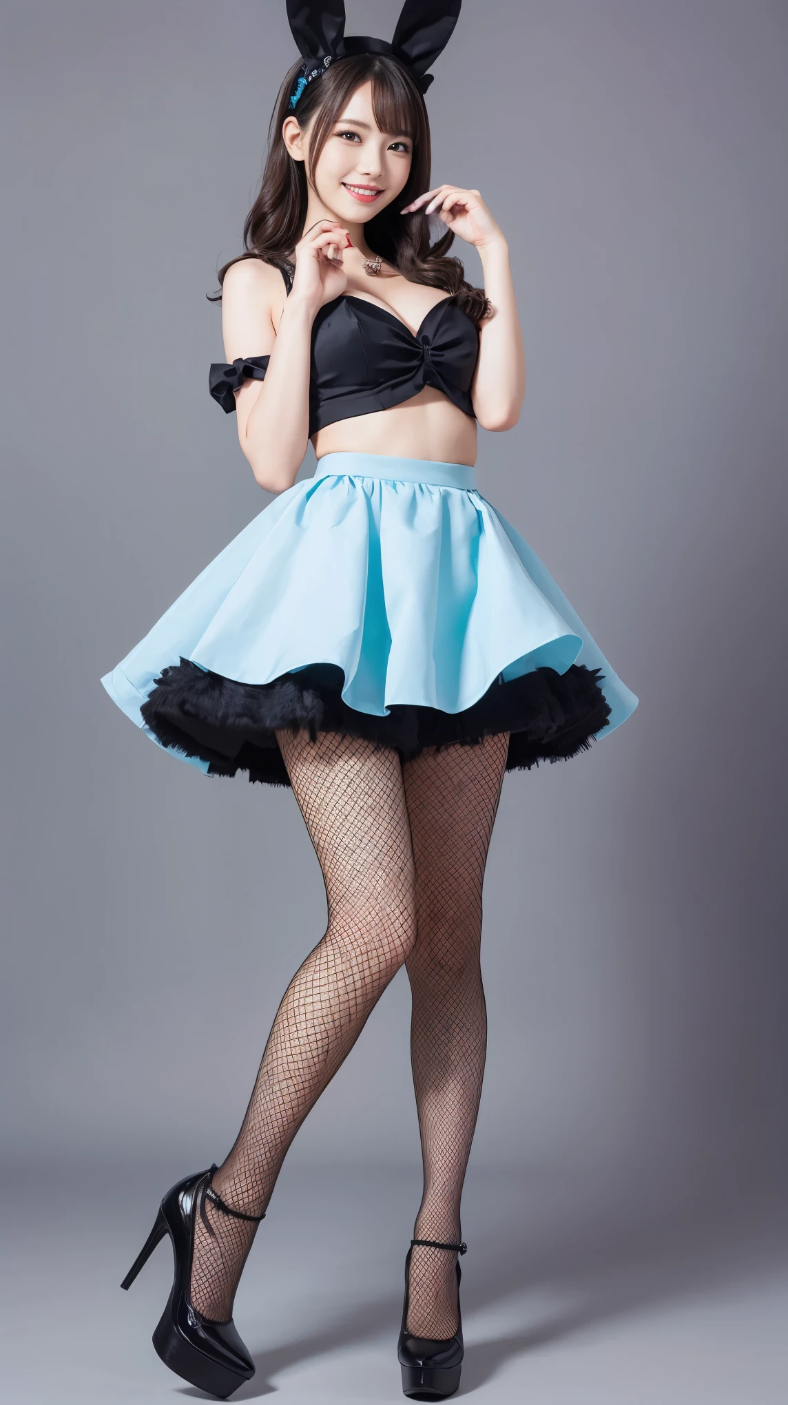 Bunny girl in maid costume:1.5，Wearing light blue fishnet tights:1.5，The best smile:1.5，Full Body Shot:1.5，Gray background:1.5，Wearing black high heels:1.5，