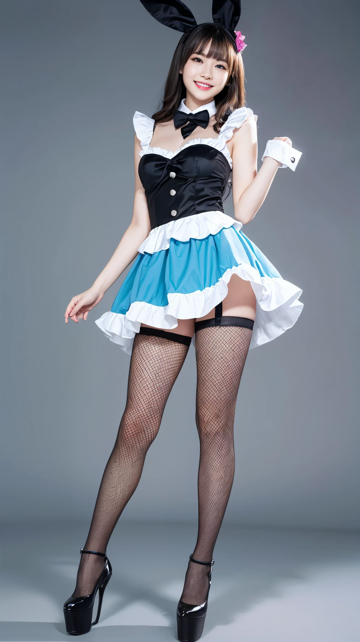 Bunny girl in maid costume:1.5，Wearing light blue fishnet tights:1.5，The best smile:1.5，Full Body Shot:1.5，Gray background:1.5，Wearing black high heels:1.5，