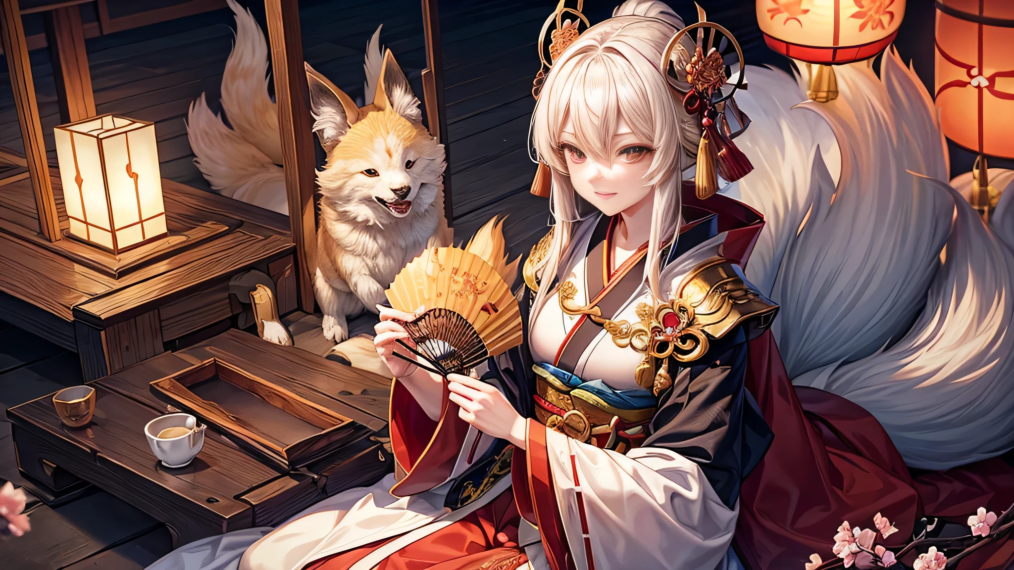 Title: A Playful Gathering of Onmyoji-inspired Characters in a Traditional Japanese House

(Best quality, high-resolution: 1.2)
4 characters, vividly detailed with expressive features,
1. An onmyoji girl in a kimono, holding a sword and a fan, adorned with intricate Sengoku period art details. Her kimono sleeves are adorned with cherry blossoms, symbolizing the transience of life.
2. A captivating kitsune girl, with long, lustrous blonde hair, donning a red cape and kitsune-inspired armor. She play