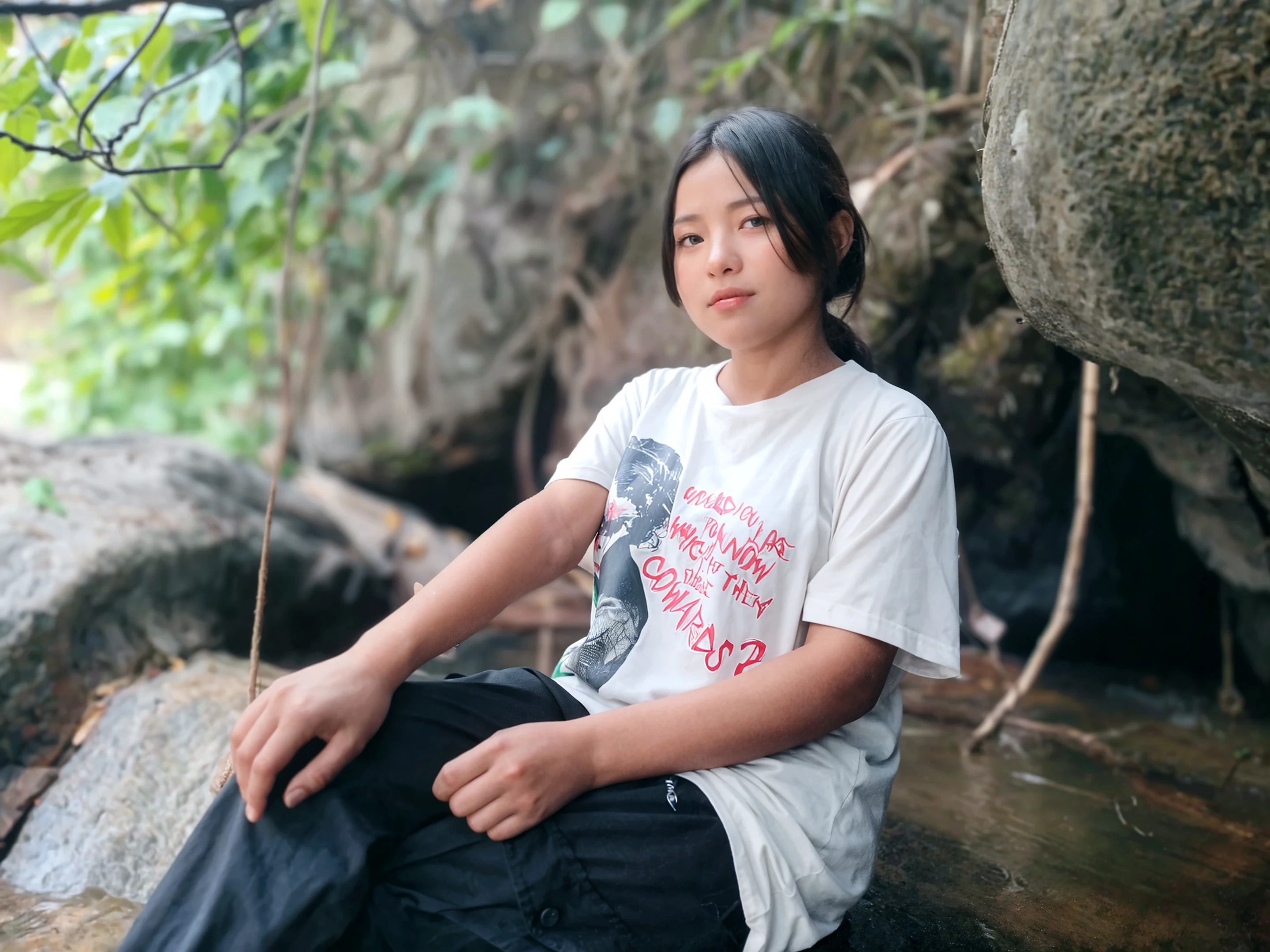 12 year old girl standing in a river in the Amazon rainforest, distant photo