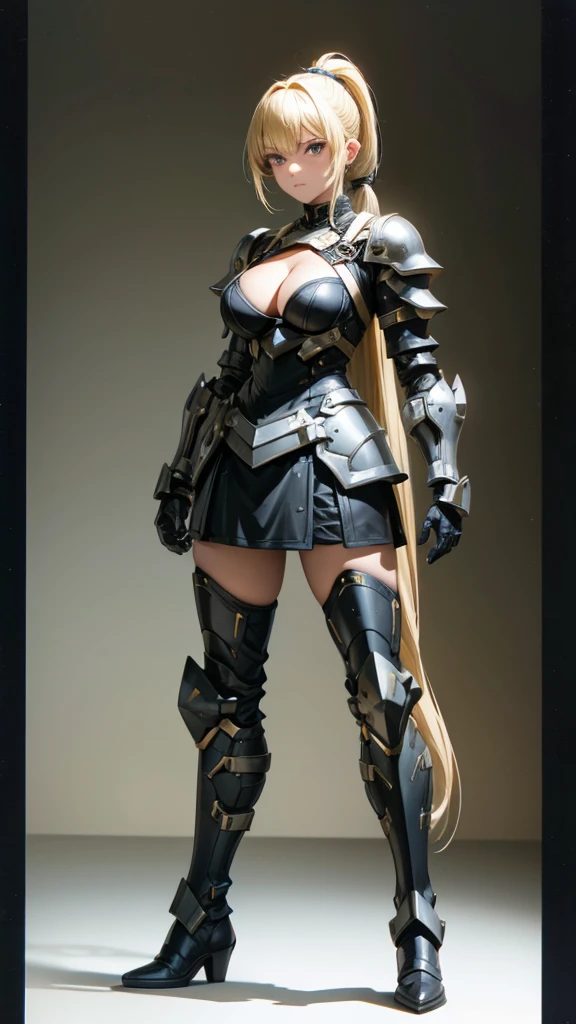 Blonde short ponytail adult woman cleavage，black sci-fi armor，Long skirt，iron boots，Sword，maze