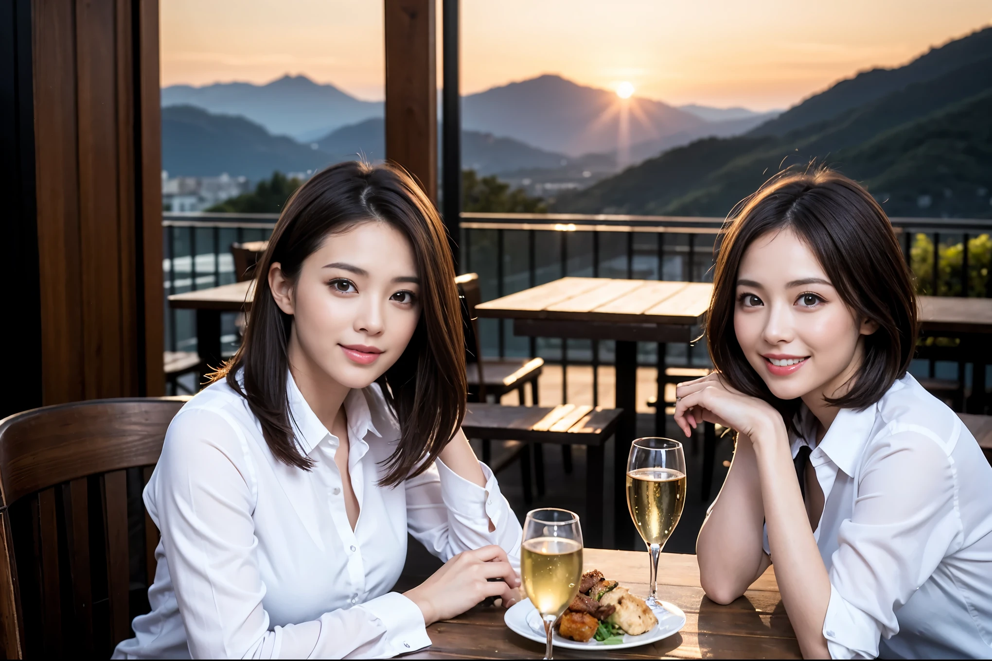 ((highest quality、8k、masterpiece:1.3))、1 male、1 woman who resembles Satomi Ishihara、Couple、Spouse、Couple、The body is slim、((Bob Hale、Straight hair:1.2)), (Realistic, Intricate details:1.2), Wine glass on the table、Put the light on your face、 Amazing view of the sunset sky and clouds、Amazing mountain views、A bright smile、The wonderfulness of smile、Bright image、The beauty of wine, Beautiful Face, blue eyes, The light shines on your face, Blushing, short hair,Bright Face、 (Age 42), 39 years old, red wine 、Appetizers、Italian food、Wine bottle、Champagne、sparkling wine、Two beauties、Brown Hair、Shortcuts、Long sleeve shirt、dress、Pretty Woman 1, (Slim face), (The body is slim), (Brown Hair), (Shortcuts), cheeks turn a little red,Attractive beauty、restaurant, In a prominent place (From the waist up) Nova Frog Style, actress, model, Upper Body, White wine, slim, wine glass, A wine glass placed in the center, smile, (smile: 1.15), Beautiful fine grain, Depth f/2,saturation, High Contrast, Strong light and shadow,Moist Body:1.5、3D texture、Delicate eyes、Brown Hair、The hair is very shiny、