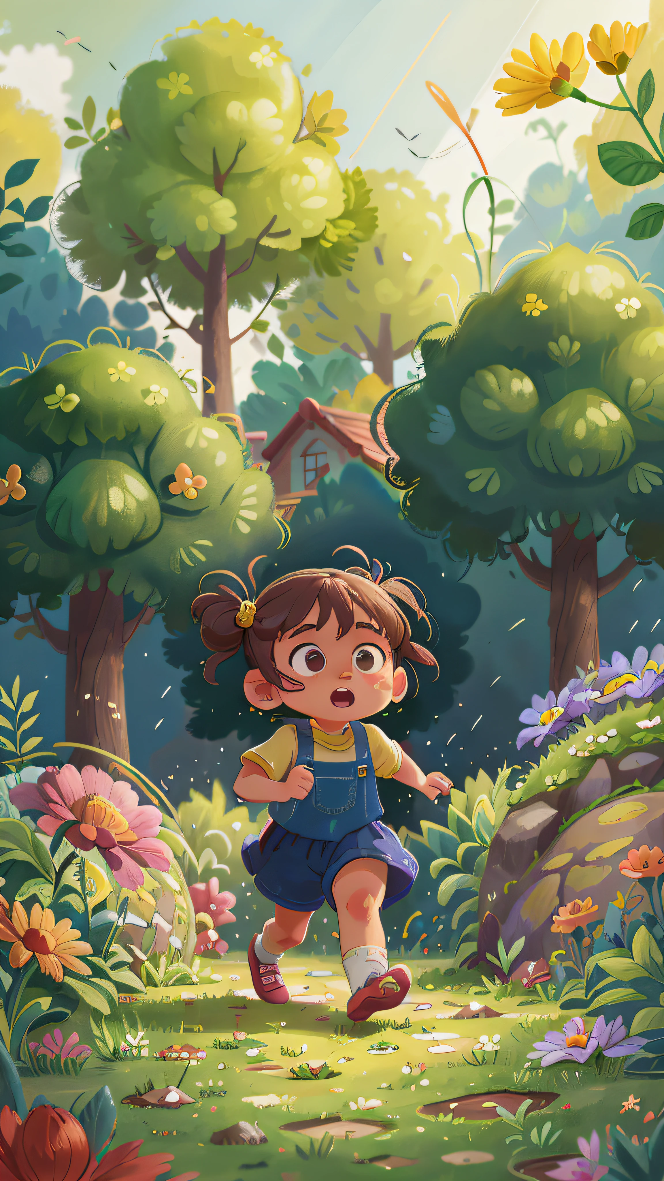 A 6 year old girl runs through a garden., ella lleva ropa de jardinero, is asustado, asustado, calidad perfecta, Enfoque claro (desorden - casa: 0.8), (obra maestra: 1.2) (realista: 1.2) (bokeh) (mejor calidad) (piel detallada: 1.3) (detalles intrincados) (8K) (Detalle de ojos) (Sharp focus), (Infeliz)