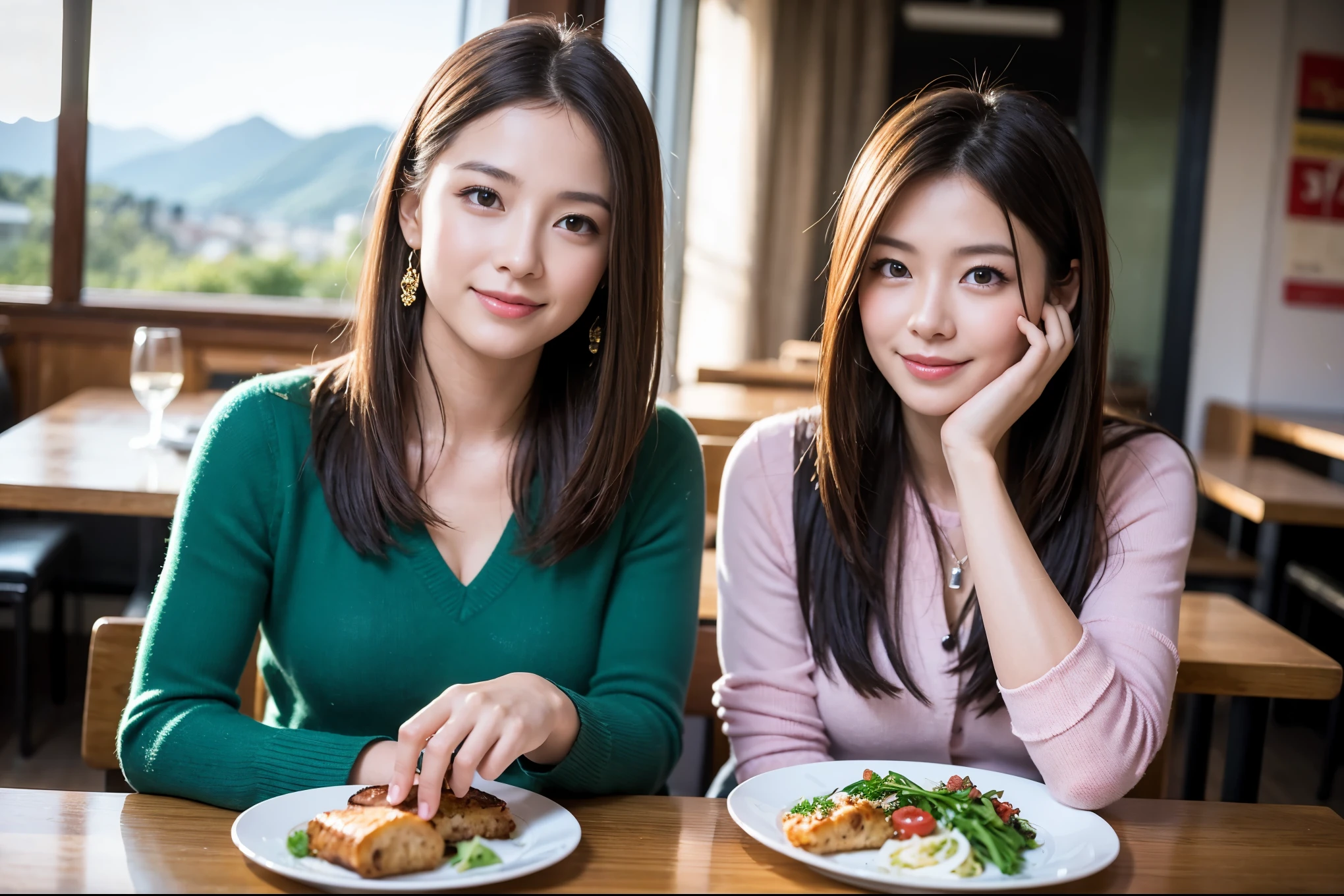 ((highest quality、8k、masterpiece:1.3))、1 male、1 woman who resembles Satomi Ishihara、Couple、Spouse、Couple、The body is slim、((Bob Hale、Straight hair:1.2)), (Realistic, Intricate details:1.2), Wine glass on the table、Put the light on your face、 Amazing view of the sunset sky and clouds、Amazing mountain views、A bright smile、The wonderfulness of smile、Bright image、The beauty of wine, Beautiful Face, blue eyes, The light shines on your face, Blushing, short hair,Bright Face、 (Age 42), 39 years old, red wine 、Appetizers、Italian food、Wine bottle、Champagne、sparkling wine、Two beauties、Brown Hair、Shortcuts、Long sleeve shirt、dress、Pretty Woman 1, (Slim face), (The body is slim), (Brown Hair), (Shortcuts), cheeks turn a little red,Attractive beauty、restaurant, In a prominent place (From the waist up) Nova Frog Style, actress, model, Upper Body, White wine, slim, wine glass, A wine glass placed in the center, smile, (smile: 1.15), Beautiful fine grain, Depth f/2,saturation, High Contrast, Strong light and shadow,Moist Body:1.5、3D texture、Delicate eyes、Brown Hair、The hair is very shiny、