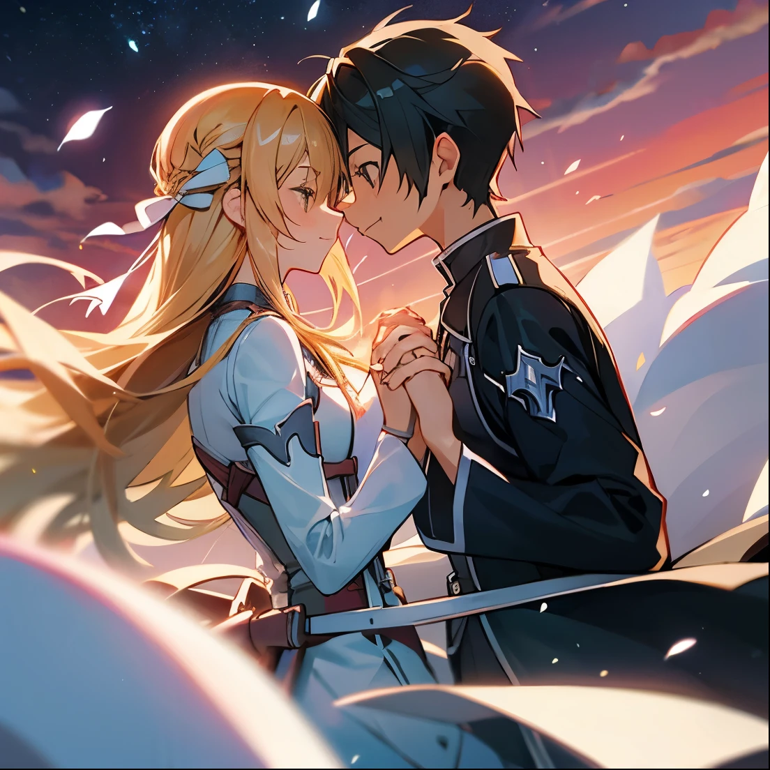 Kirito and Asuna from Sword Art Online smile Holding hands