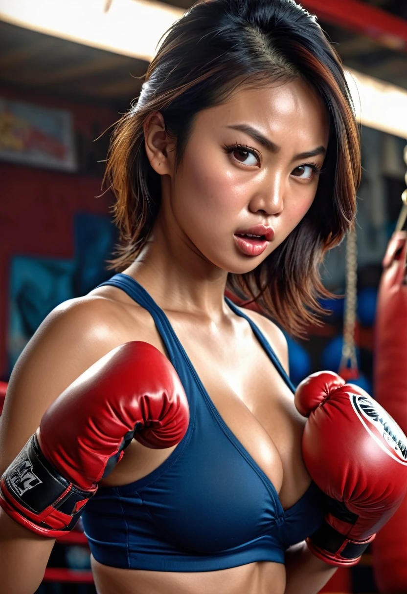 1 hyper-realistic real photo, full body frontal, sexy pose, huge breasts, beautiful breasts, a beautiful Indonesian girl with a slim body, boxing, passionately, and angrily, preparing to throw a hard punch, accompanied by urgent kinetic energy, image high grain, ultra HDR extreme,incredibly absurdres, ultra detailed, high resolution, realistic lighting, photorealism, hyperrealism,masterpiece,vibrant colors,stunning visuals,ultra skin texsture,stable diffusion,perfect anatomy,crazy details