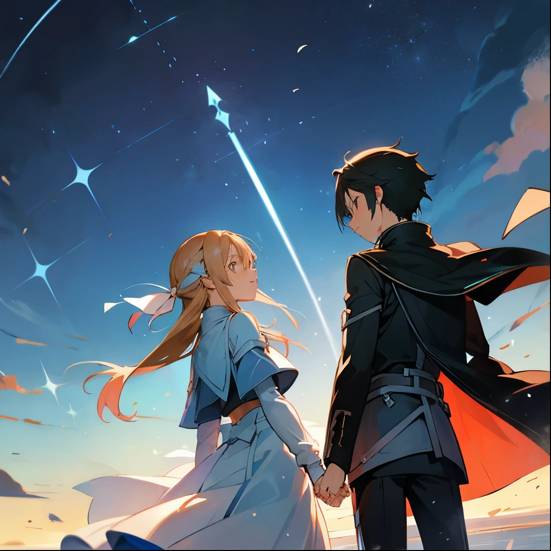 Kirito and Asuna from Sword Art Online smile Holding hands