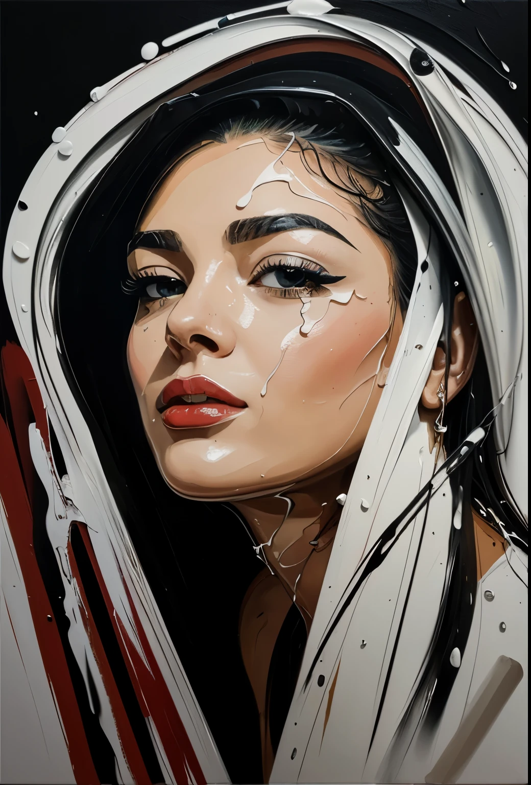 (best quality, oil painting, fancy, sharp focus), Jackson Pollock, portrait Painting, (Splash and drip art minimalism:1.1), canvas white background, studio, style painting magic, splash art, ((white background)), contour, Expressive Strokes: The brushstrokes are visible and expressive, contributing to the painting's emotional intensity. Thick, impasto strokes add texture and depth. sexy lady contour