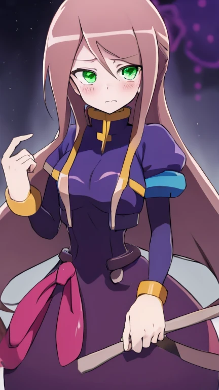 Aile_MegamanZx,1 Girl, Brown Long Hair, Green Eyes, Blushed, Shalltear Dress