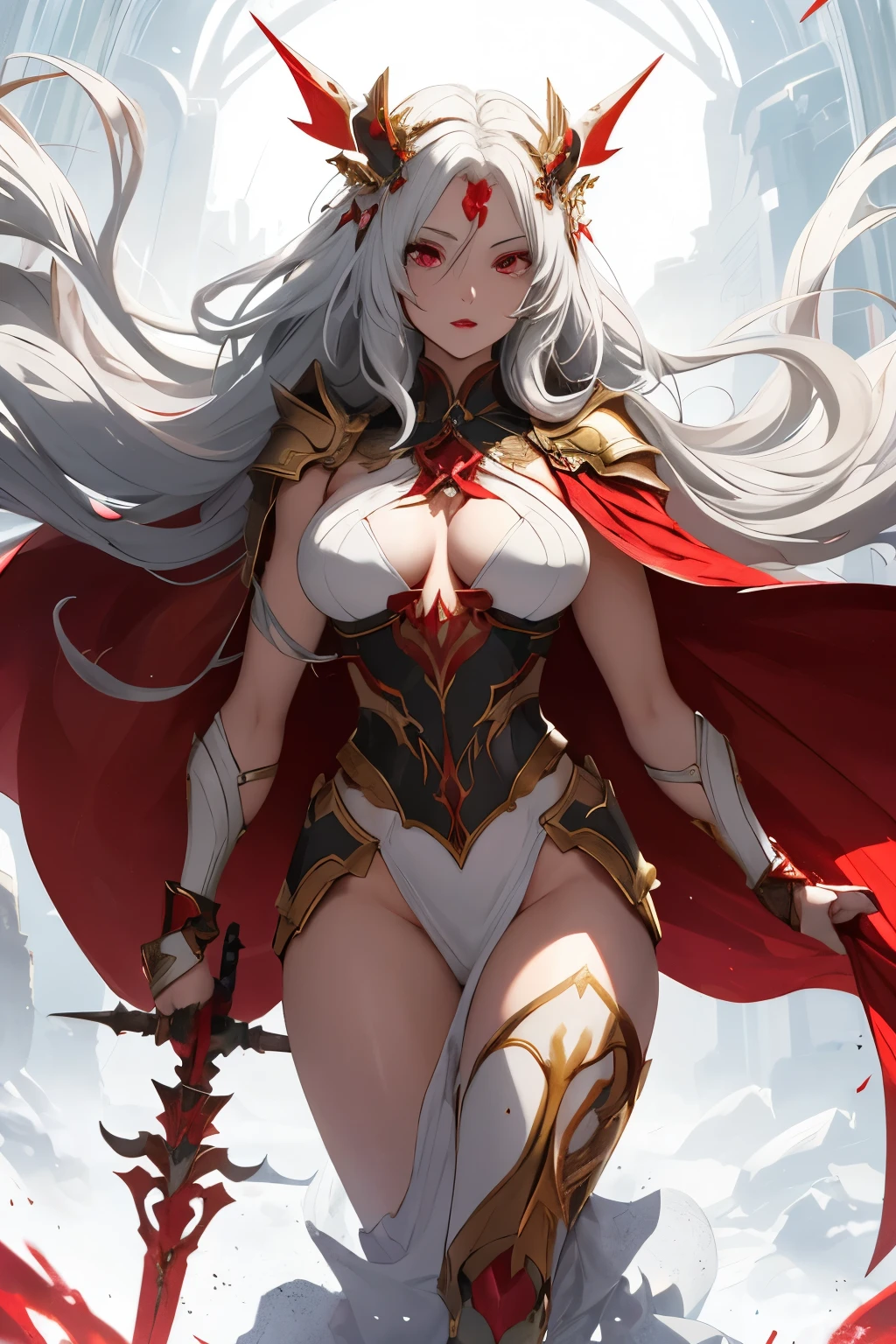 Anime Style, No Glowing Eyes:
The Full-Body Woman, with long luscious green hair cascading down her back, and captivating red eyes that hold an undeniable allure, features two tiny wings delicately adorning her head. Clad in a pristine white full armor, reminiscent of the Cataphract style, the heavy armor meticulously covers her entire body, exuding a sense of fearlessness and strength. A vibrant red cape billows behind her, accentuating her powerful presence. In her right hand, she grips a glowing spear, a symbol of her legendary status, with a natural touch of lipstick adorning