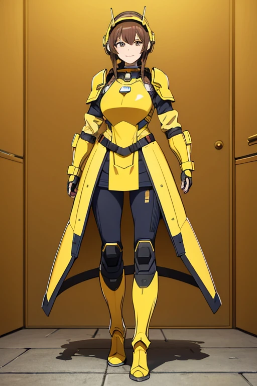 Anime drawings、Full body portrait、Space Sci-Fi Soldier、A female soldier around 180cm tall, around 37 years old, wearing yellow armor and holding a large square shield.、A servile smile、He wears a helmet on his head、Brown Hair、Brown eyes、Yellow Boots、Yellow shoulder armor