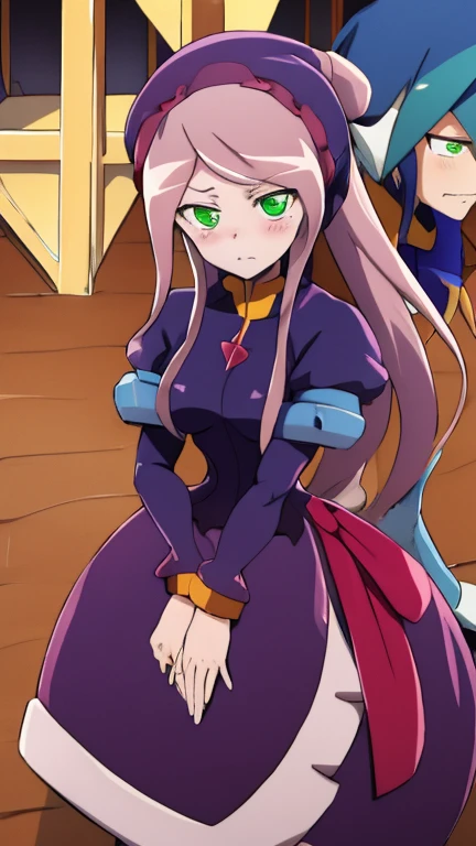 Aile_MegamanZx,1 Girl, Brown Long Hair, Green Eyes, Blushed, Shalltear Dress