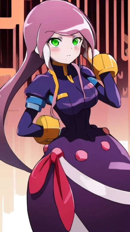 Aile_MegamanZx,1 Girl, Brown Long Hair, Green Eyes, Blushed, Shalltear Dress 