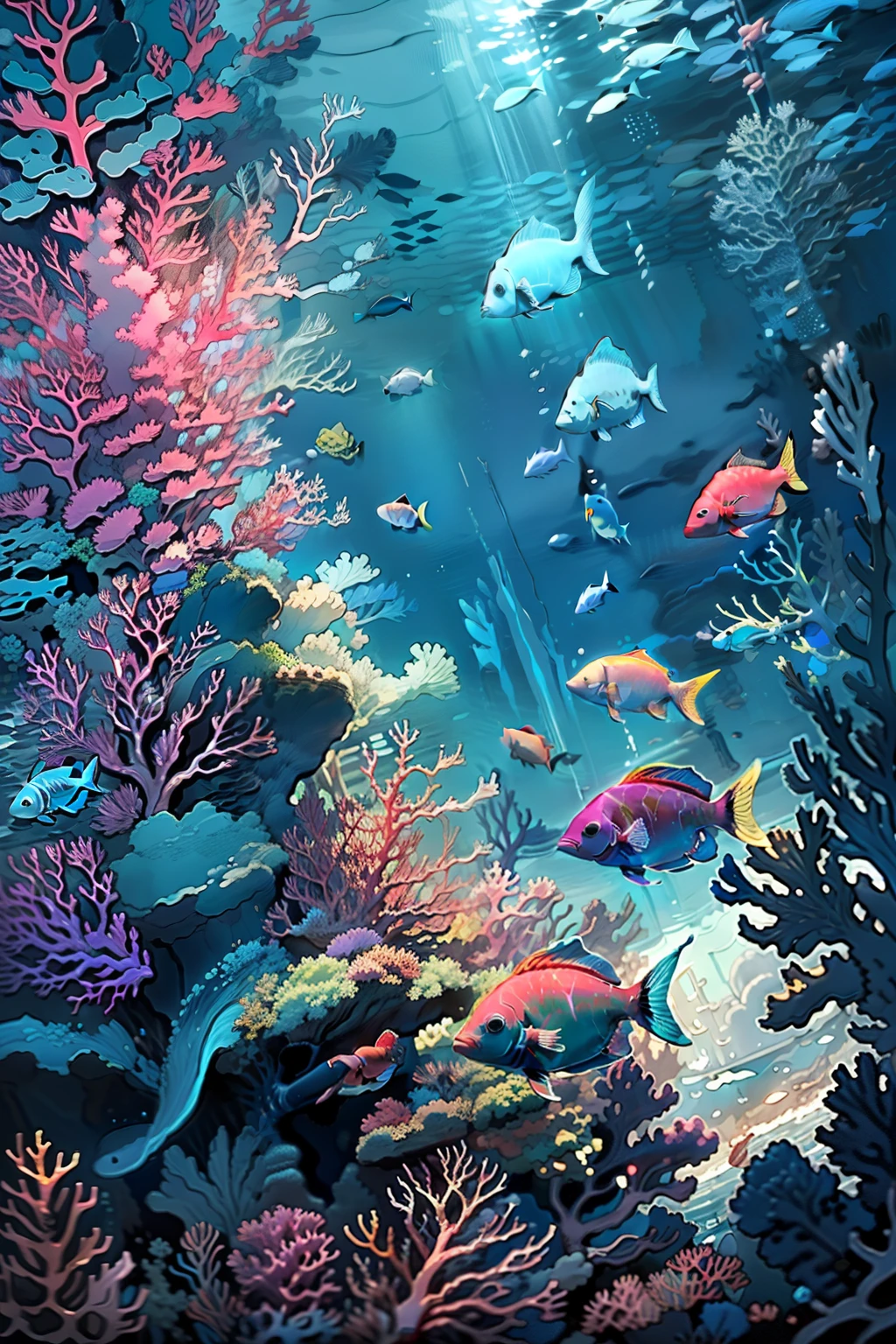 (seabed、Life at sea、Beautiful coral reef、fish),Cluttered painting style,Hair flowing in the water