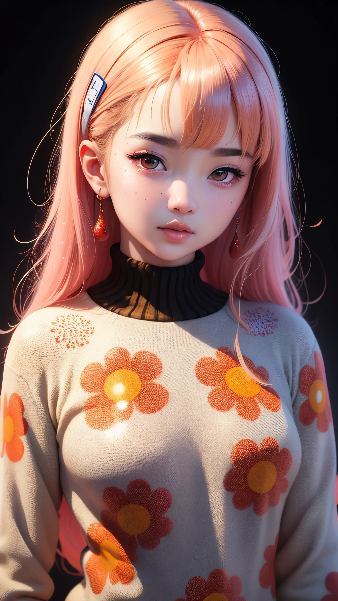 (masterpiece, best quality:1.2),illustration art,Kusama Yayoi's style,simple background,a beautiful girl,Skin detail processing,The eyes are very detailed,sweater,(((Speckled pattern))),red,blue,White,black