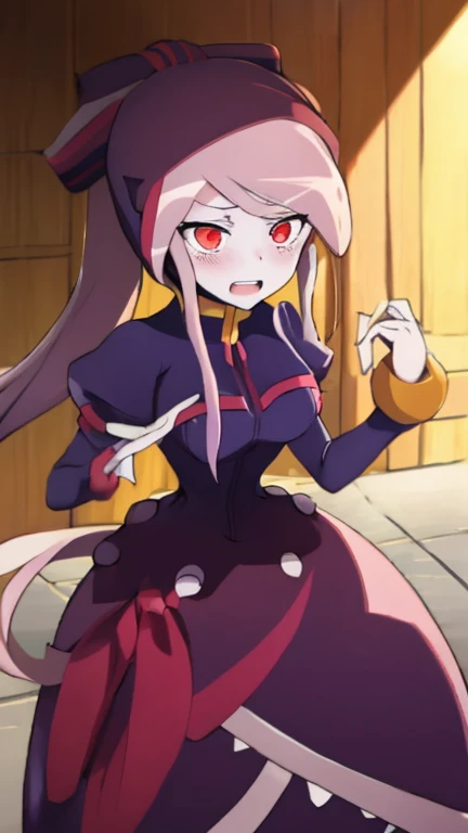 Aile_MegamanZx,1 Girl, Brown Long Hair, Green Eyes, Blushed, Shalltear Dress , Vampire teeth 