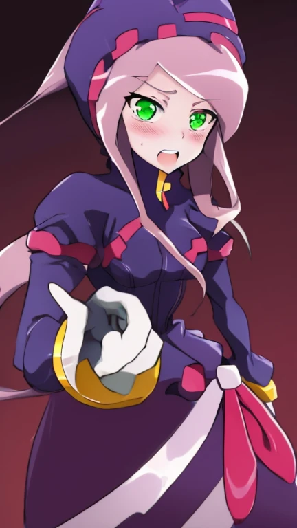 Aile_MegamanZx,1 Girl, Brown Long Hair, Green Eyes, Blushed, Shalltear Dress , Vampire teeth