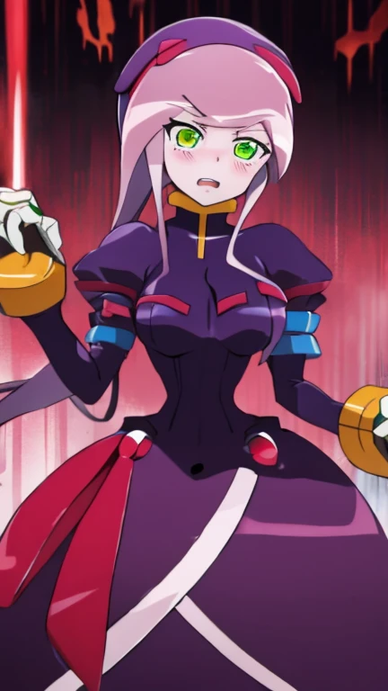 Aile_MegamanZx,1 Girl, Brown Long Hair, Green Eyes, Blushed, Shalltear Dress , Vampire teeth