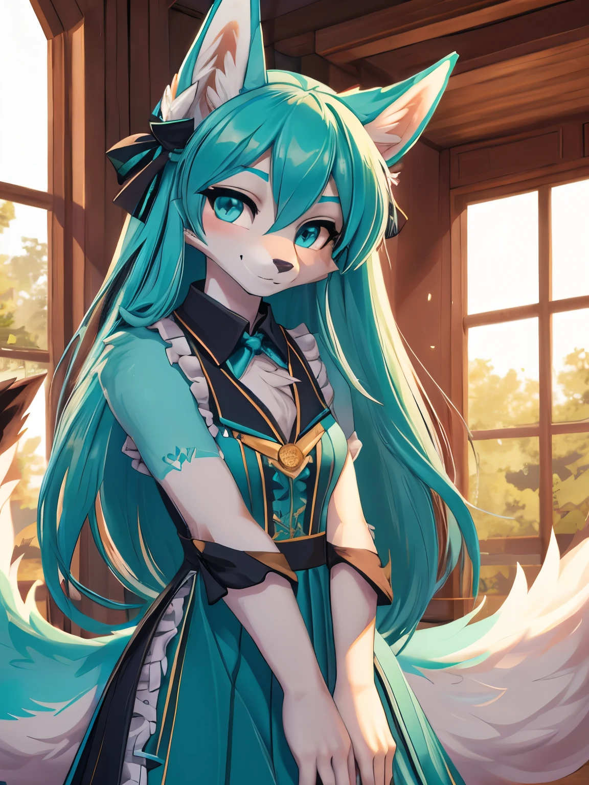 Miku Hatsune, alta definicion, hocico grande, fauces de loba, orejas de kitsune, college girl, vestido japones