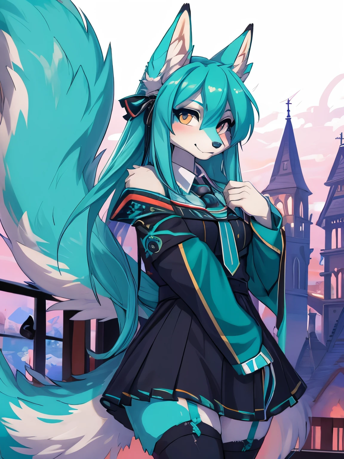 Miku Hatsune, alta definicion, hocico grande, fauces de loba, orejas de kitsune, college girl, vestido japones