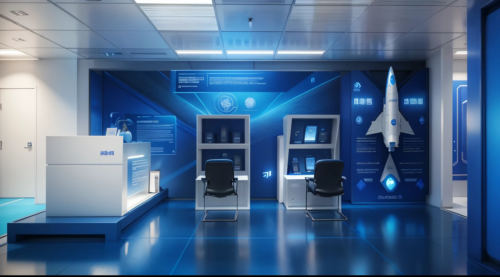 blue and white exhibition stand with elements such as the China spaceship model, company logo and product display table, LED screen, data, front. The background wall, showing, information, chair for visitors to sit,32K UHD,Rendered in Cinema4D