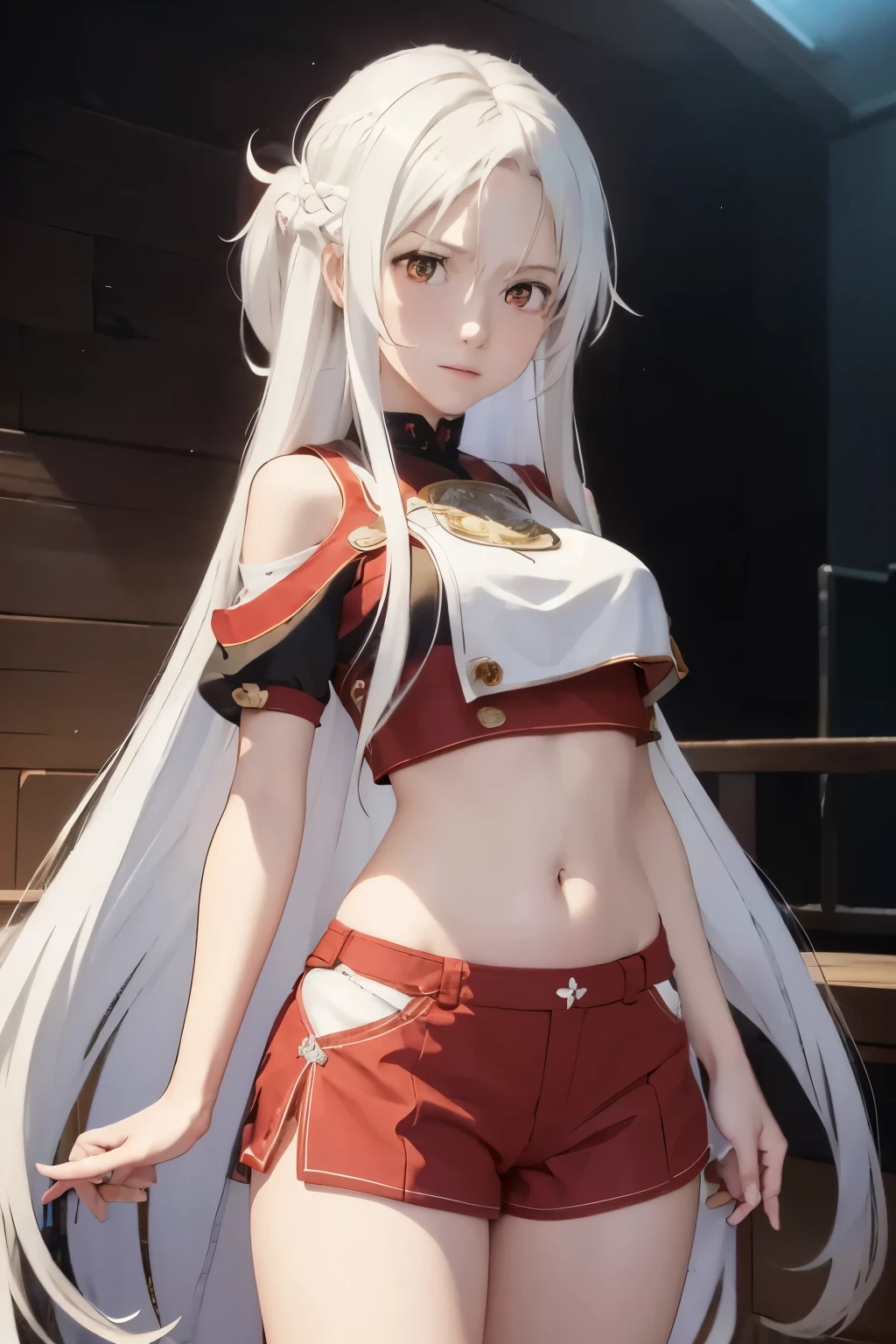masterpiece,best quality,highres,illustration,hyper detailed,8k cg wallpaper,ray tracing,((white hair:1.2)),((long hair:1.2)),((red eyes:1.2)),((straight hair:1.3)),medium breasts,(hiten1:0.8),dolphin shorts,((crop top:1.1)),midriff,solo,((cowboy shot:1.1)),navel,simple background,shiny skin,((underboob:1.1)),short sleeves,