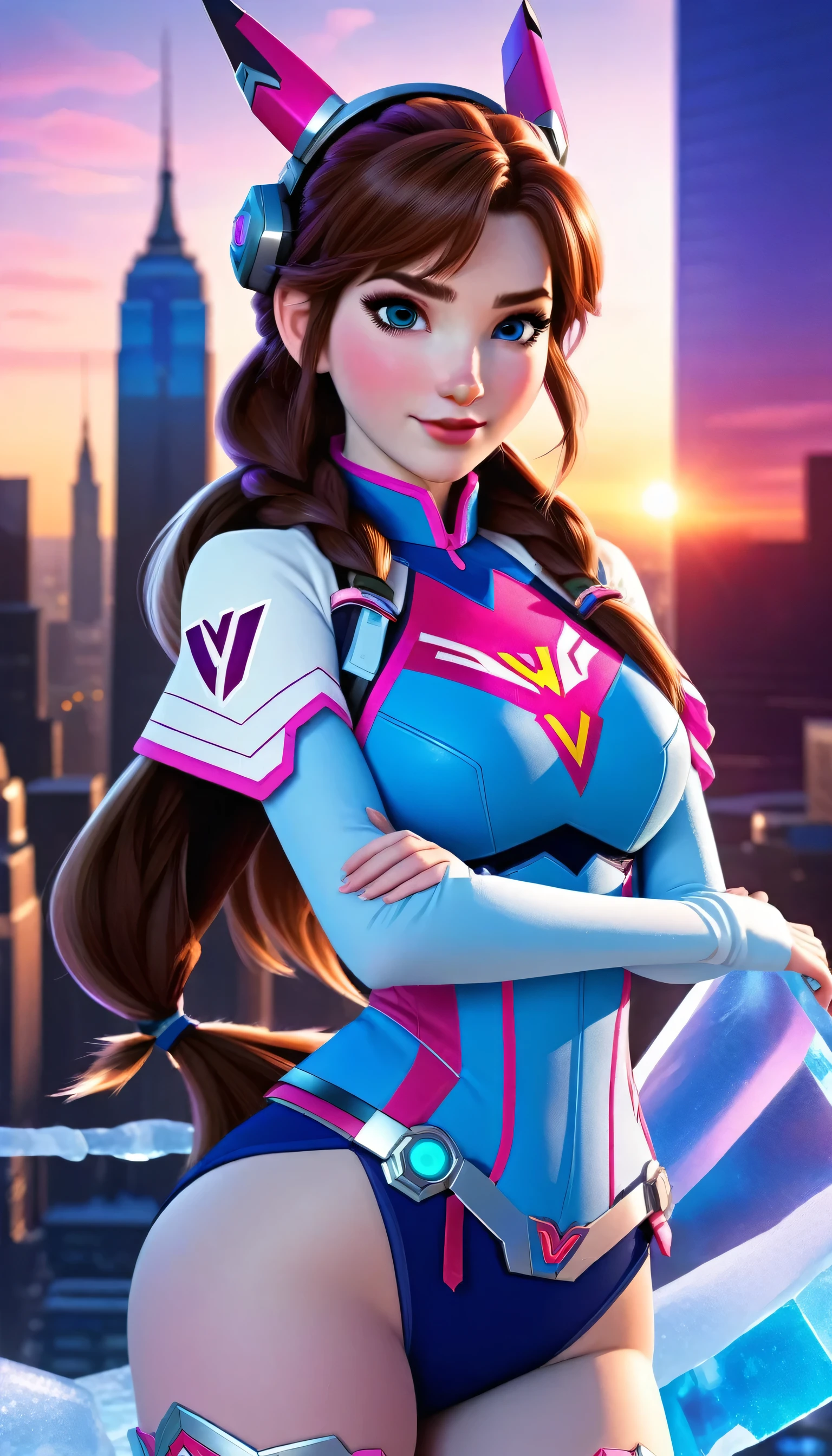 ((anna frozen and d.va merged:1.3)), merged, sexy, half body, metropolitan background, sunset, sexy attire, (high quality), (masterpiece), negative_hand