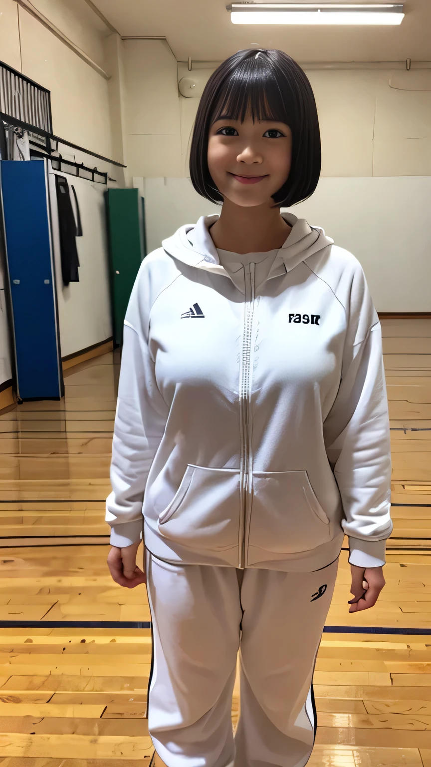 masterpiece, highest quality, 8K, Young beautiful girl, (Clothed large breasts, large breasts), white track suit, black bob cut, Cute face, looking away, cute smile face、No makeup, Ten generations, Detailed face, Background bokeh、((18 years old))、full body, school, in wooden floor gym room, Low Key Lighting
