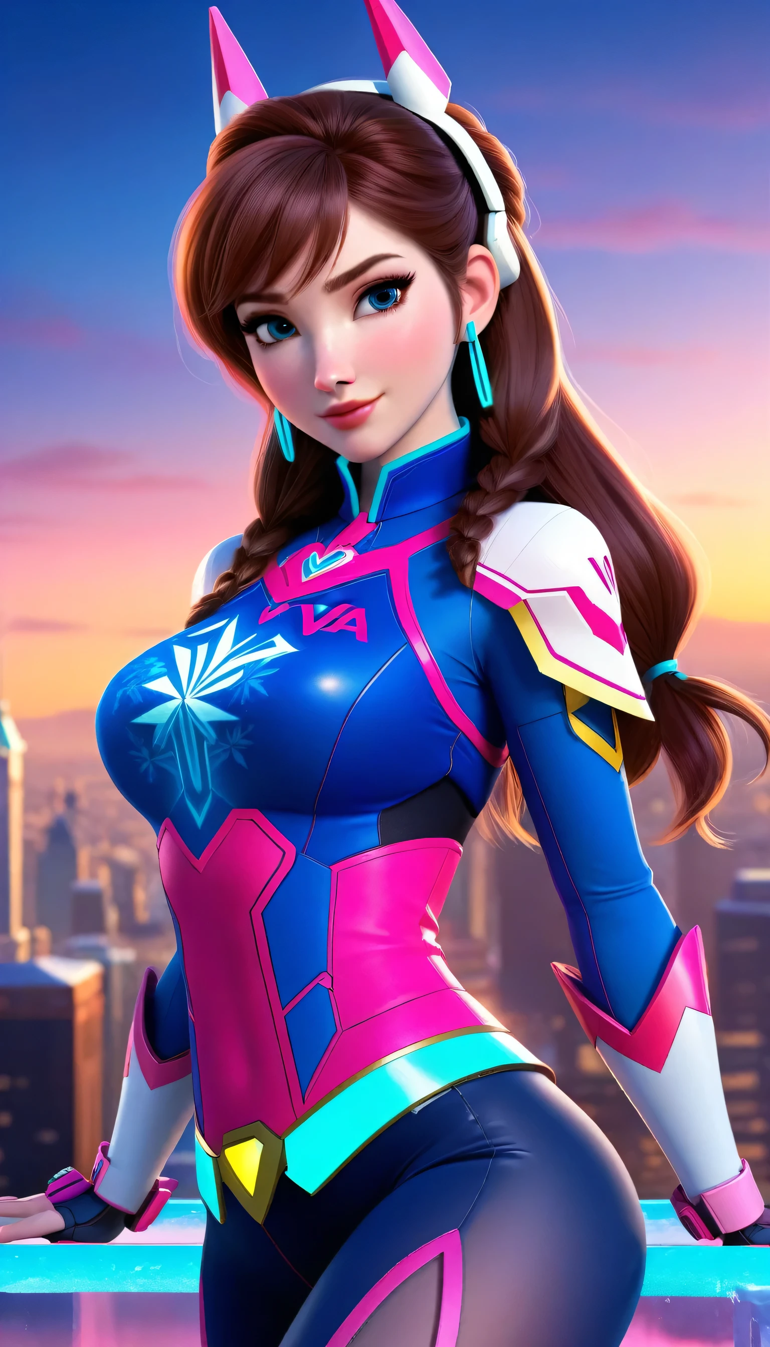 ((anna frozen and d.va merged:1.3)), merged, sexy, half body, metropolitan background, sunset, sexy attire, (high quality), (masterpiece), negative_hand