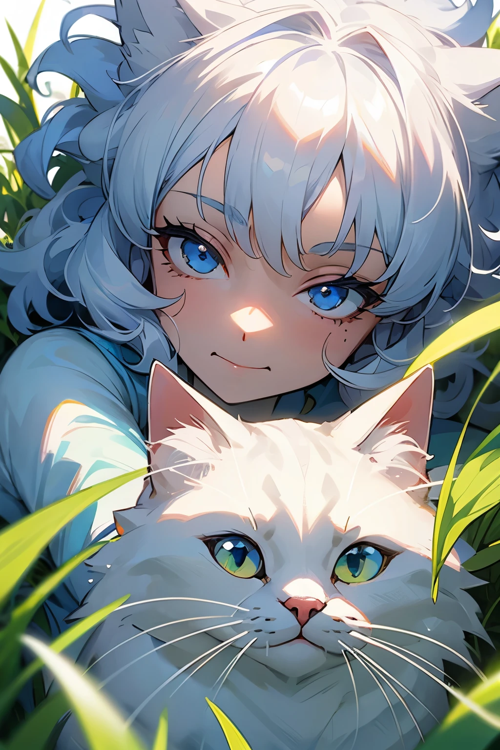 White cat blue hair curly hair grass silver eyes squinting white shirt face close-up 