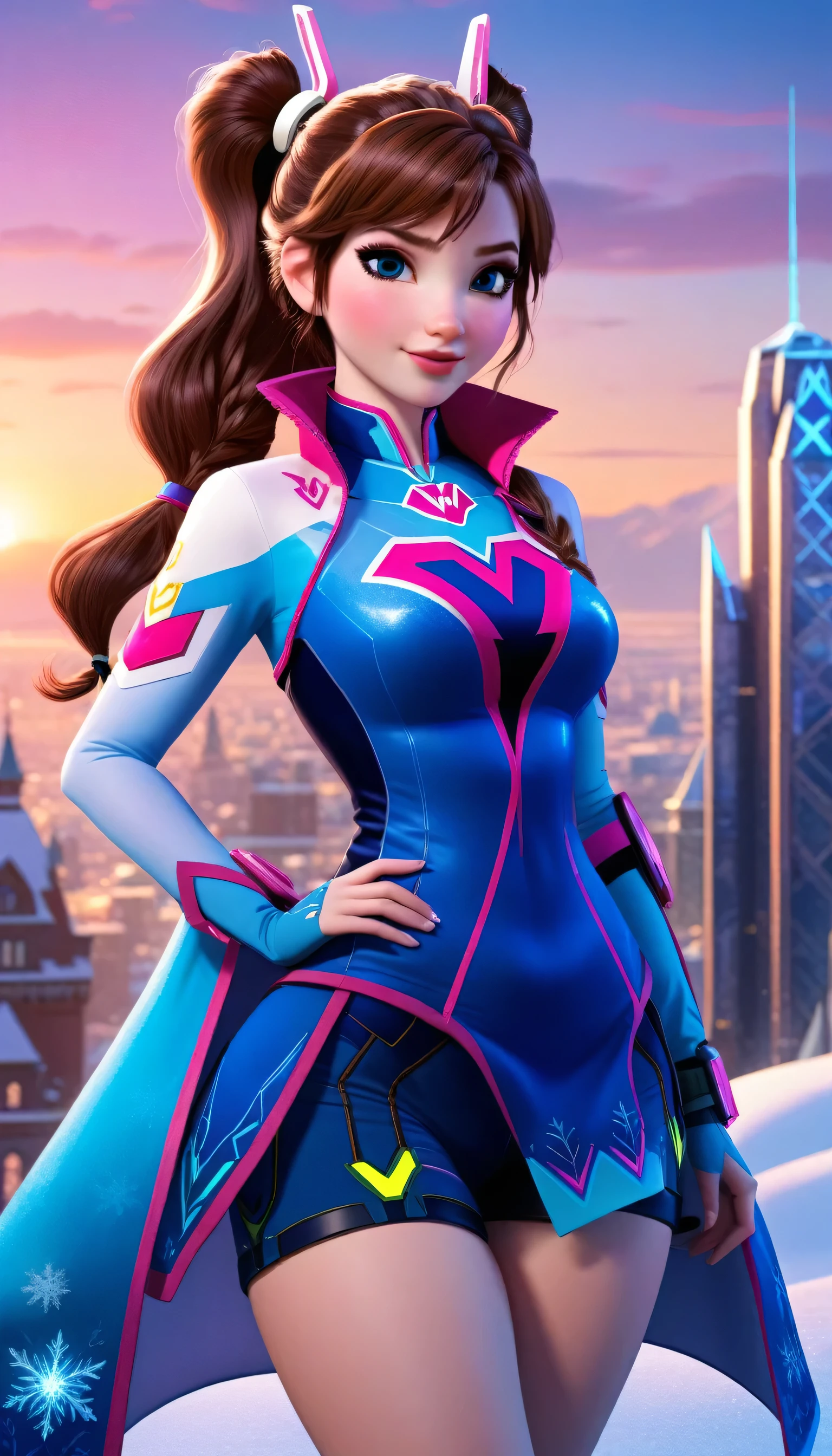 ((anna frozen and d.va merged:1.3)), merged, sexy, half body, metropolitan background, sunset, sexy attire, (high quality), (masterpiece), negative_hand