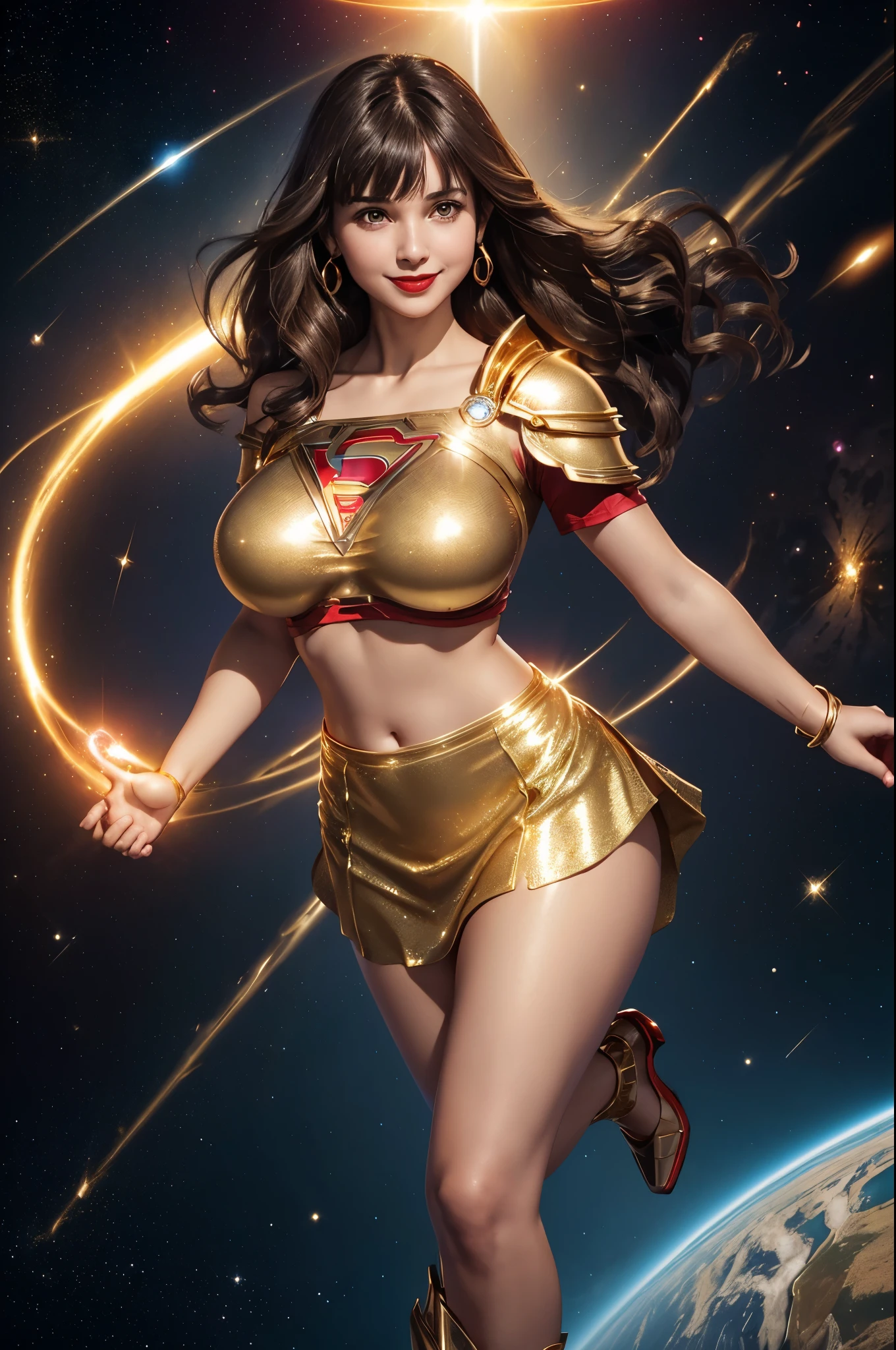 Supergirl, 27 years old, full body view Beautiful woman (((shoulder length wavy brunette hair, two side up with bangs))) defined body, Red lipstick, smiling, hands free, standing facing camera, (( short sleeve, two piece knee length sparkling gold futuristic body armor with matching skirt)), space station orbiting earth, (large_breasts:1.3) (curvy:1.2)