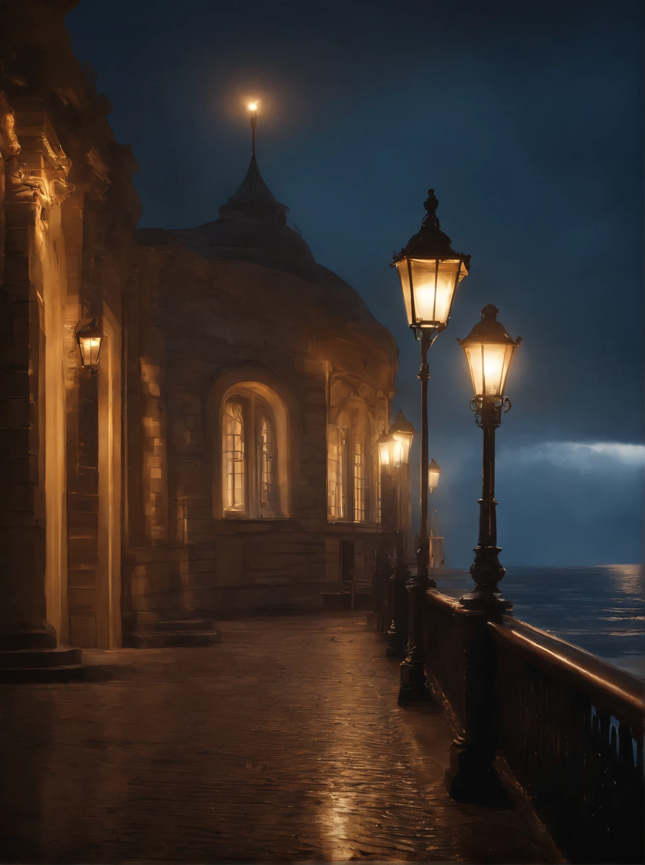 painting of a pier with a light post and street lights, a fine art painting by andrey ryabovichev, trending on cgsociety, conceptual art, andrey gordeev, night sea storm, michael garmash and rob rey, beautiful painting, beautiful art, beautiful depiction, gorgeous painting, alexi zaitsev, dmitry spiros